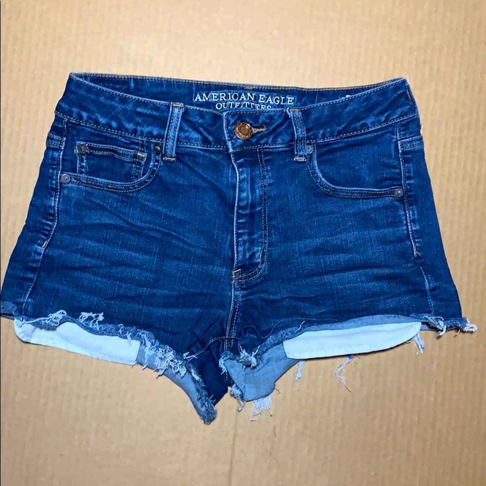 AmericanEagle Dark Wash HighRise Frayed JeanShorts